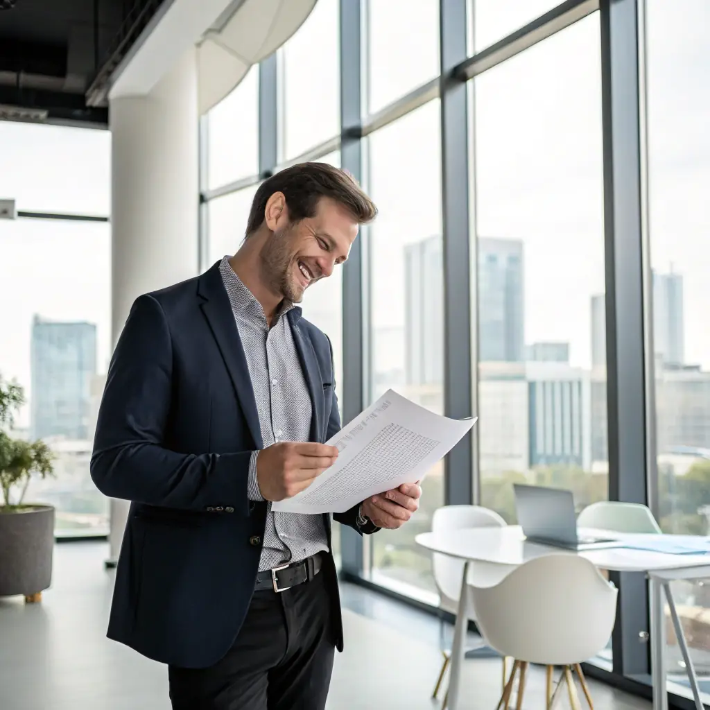 A man in a suite looking at a document in his hands and smiling
